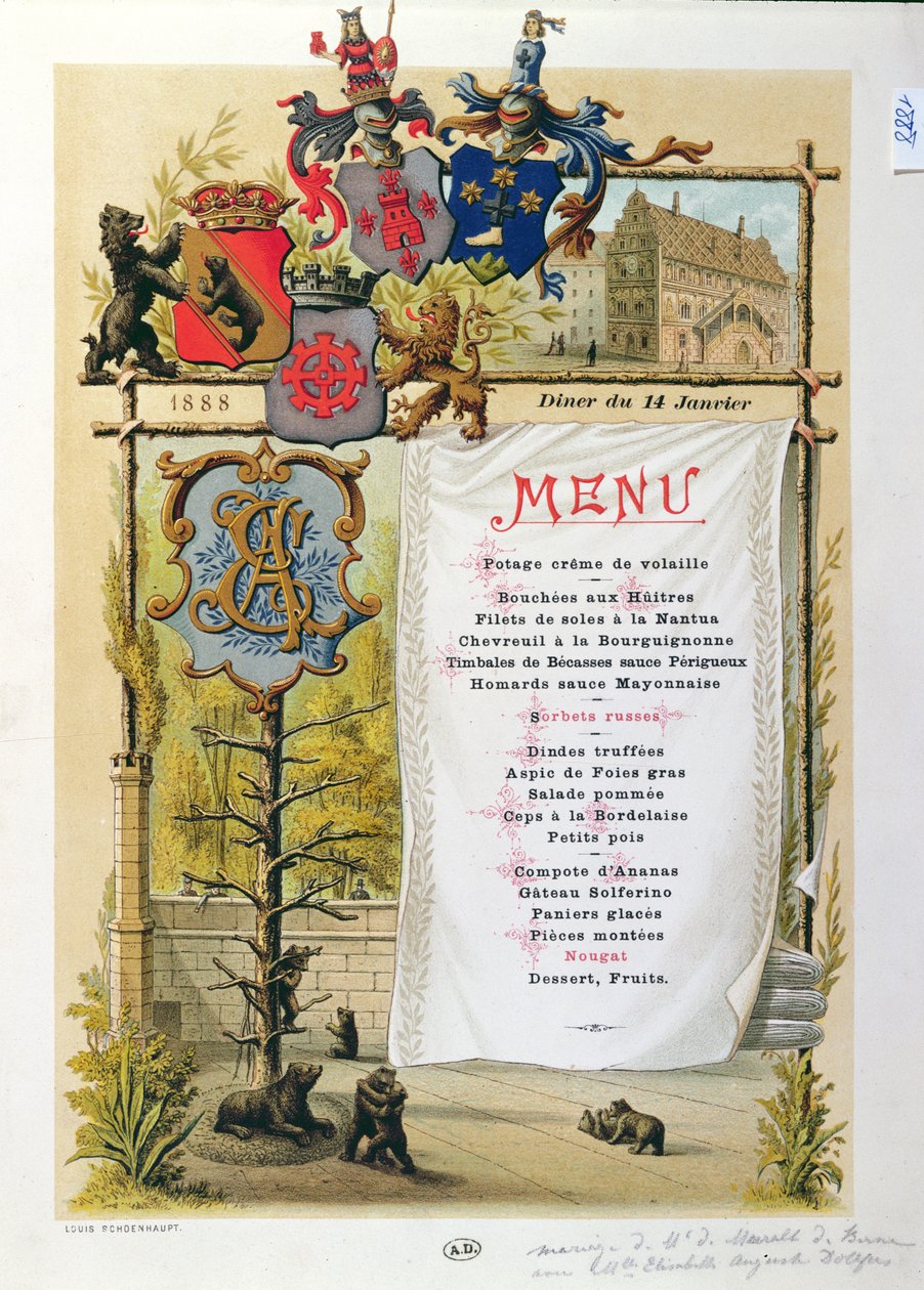 Meny, möjligen från Le Bernois, 14 januari 1888 av French School