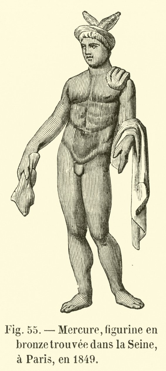 Merkurius, bronsfigurin som hittades i Seine i Paris 1849 (gravyr) av French School