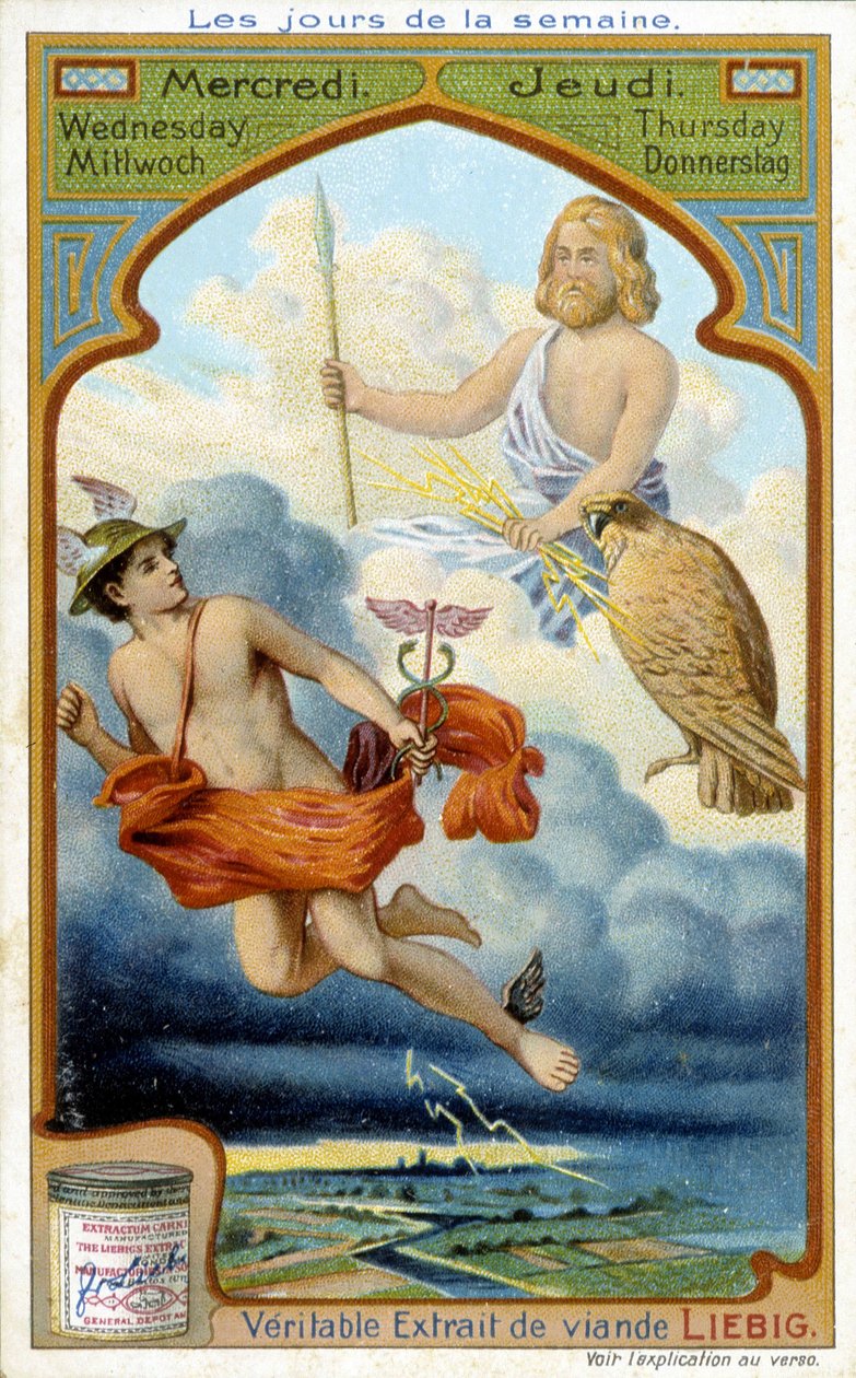Merkurius och Jupiter spelar onsdag och torsdag. 1800-talsreklam för "The true Liebig köttextrakt". av French School