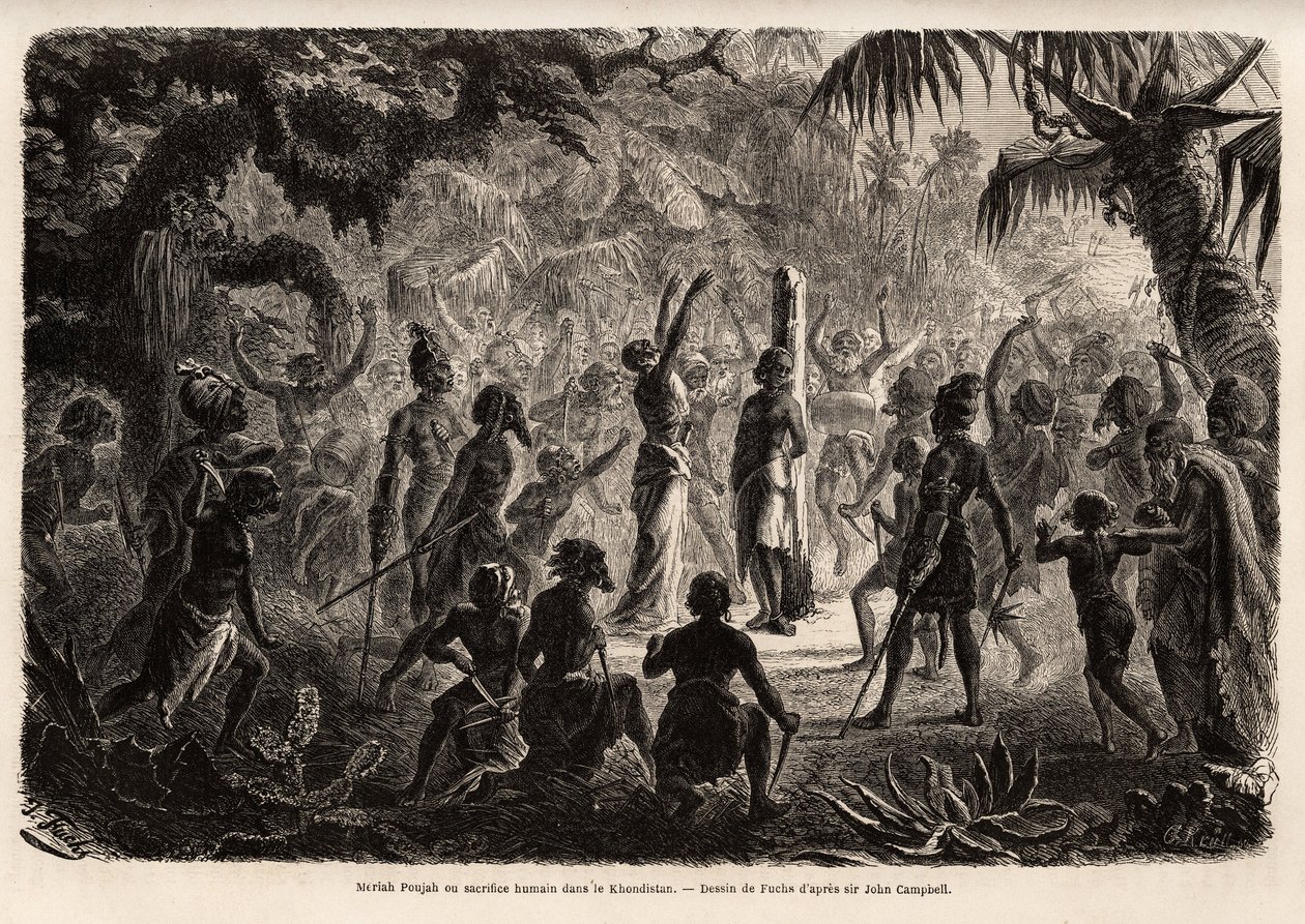 Meriah Pujah eller människooffer, Khondistan (Engelska Indien). Teckning av Fuchs, för att illustrera major John Campbells studie av människooffer i Engelska Indien av French School