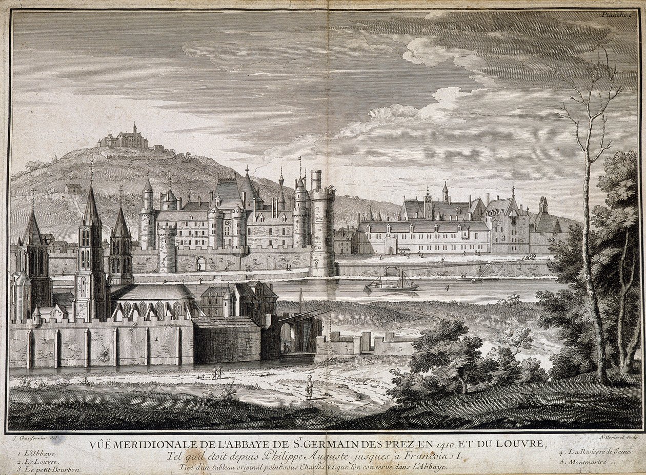 Meridional utsikt över klostret Saint Germain des Pres och Louvren 1410 - gravyr av French School