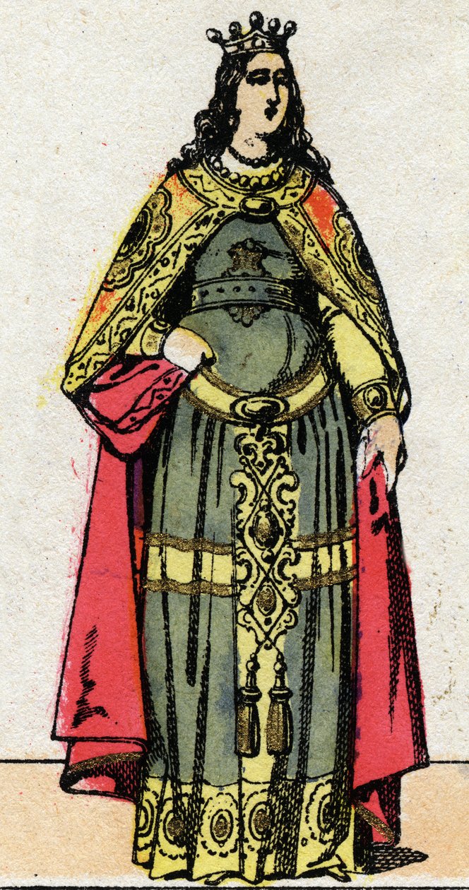 Merovingerdynastin: Porträtt av drottning Clothildes hustru till Dagobert III (699-715). Epinal avbildning från slutet av 1800-talet. Privat samling. av French School