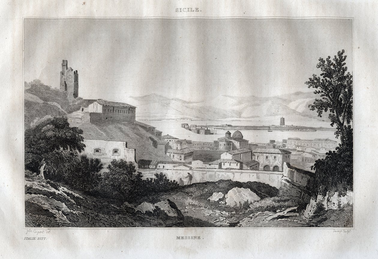 Messina - Messina - Sicilien - Sicilien - Sicilien - Gravyr från "" Italy Picturesque" - Historisk och beskrivande målning av Italien" av M. de Norvins, Ch. Nodier 1834-1836. av French School