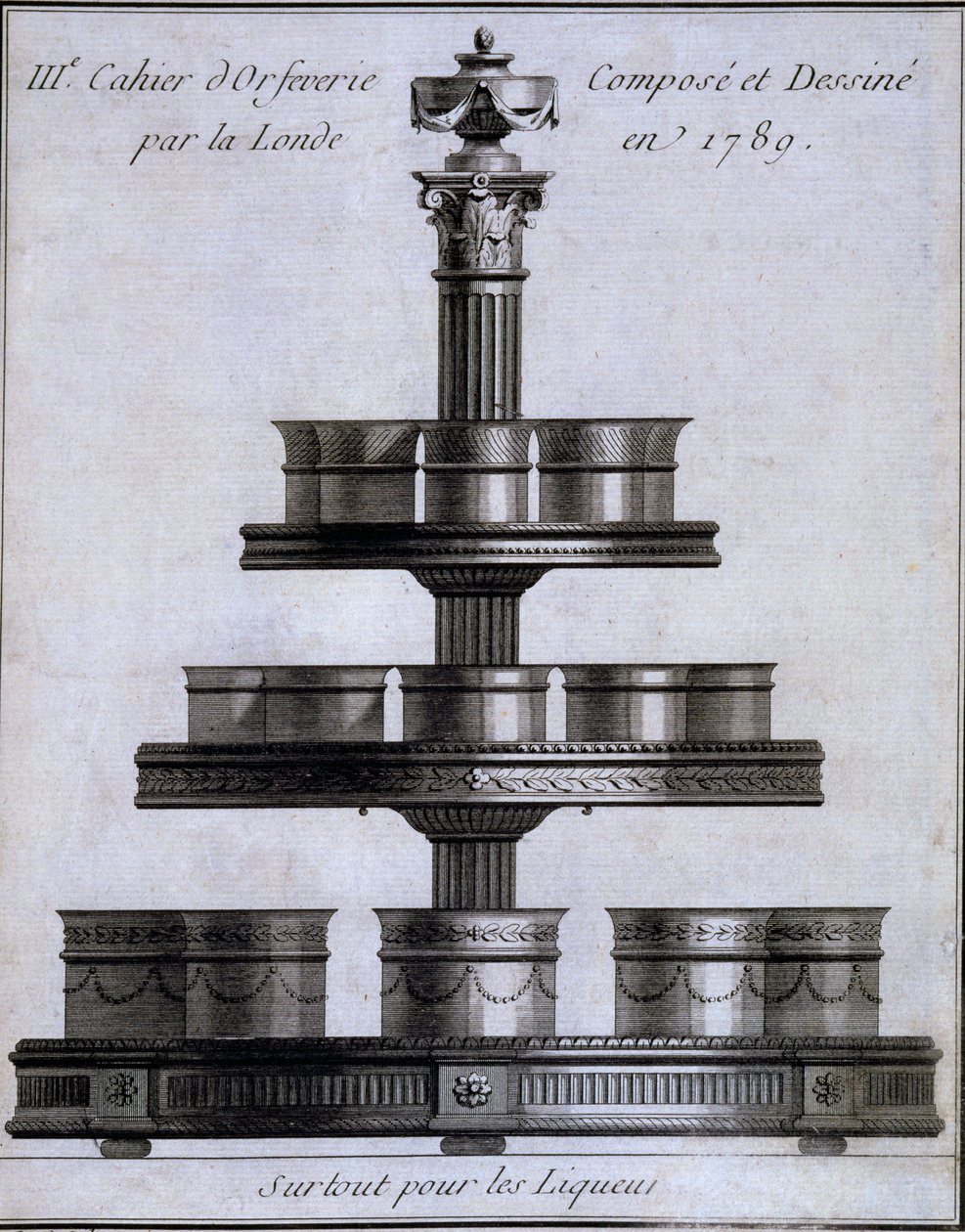 Metallarbete: en uppsättning likörbägare på stativ, 1780-96 av French School