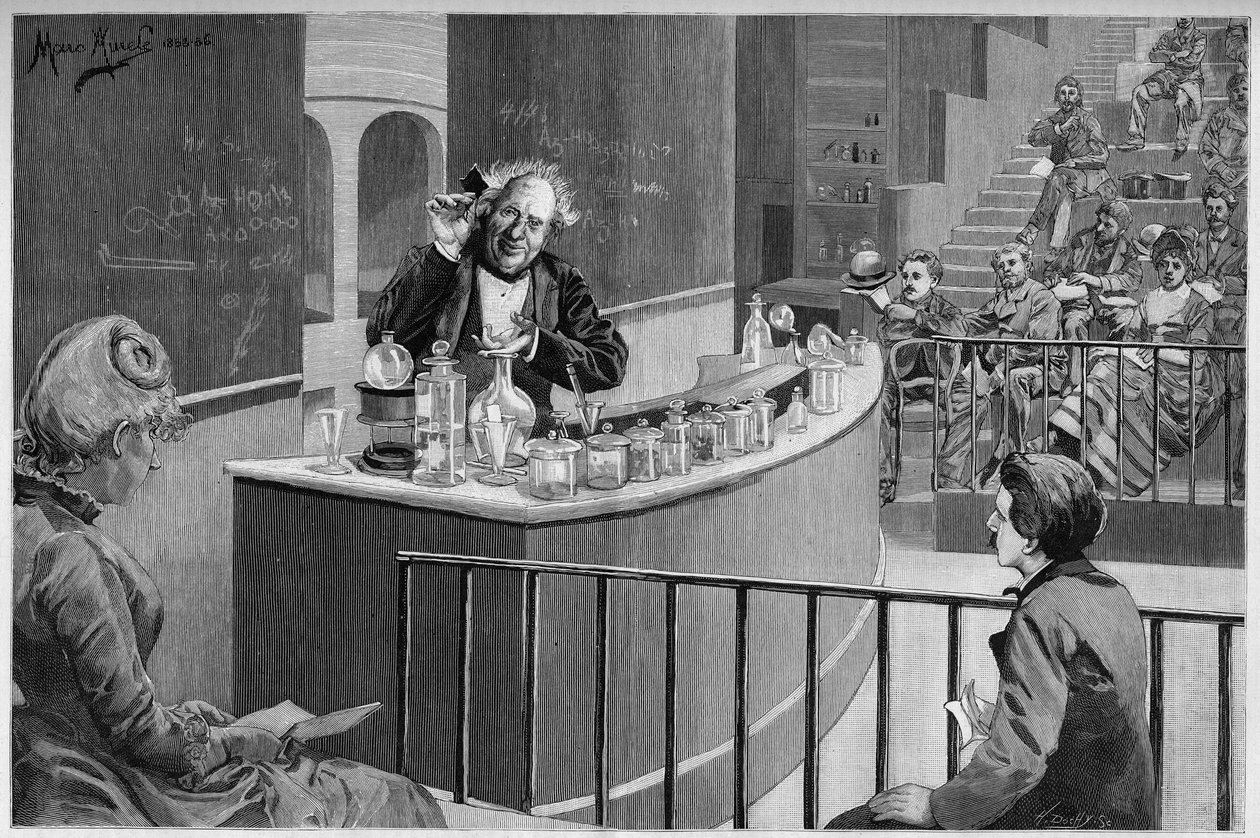 Michel Eugene (Michel-Eugene) Chevreul (1786-1889) gav sin kemidomstol i amfiteatern vid Naturhistoriska museet i Paris, I "" den illustrerade världen"" 1886. av French School