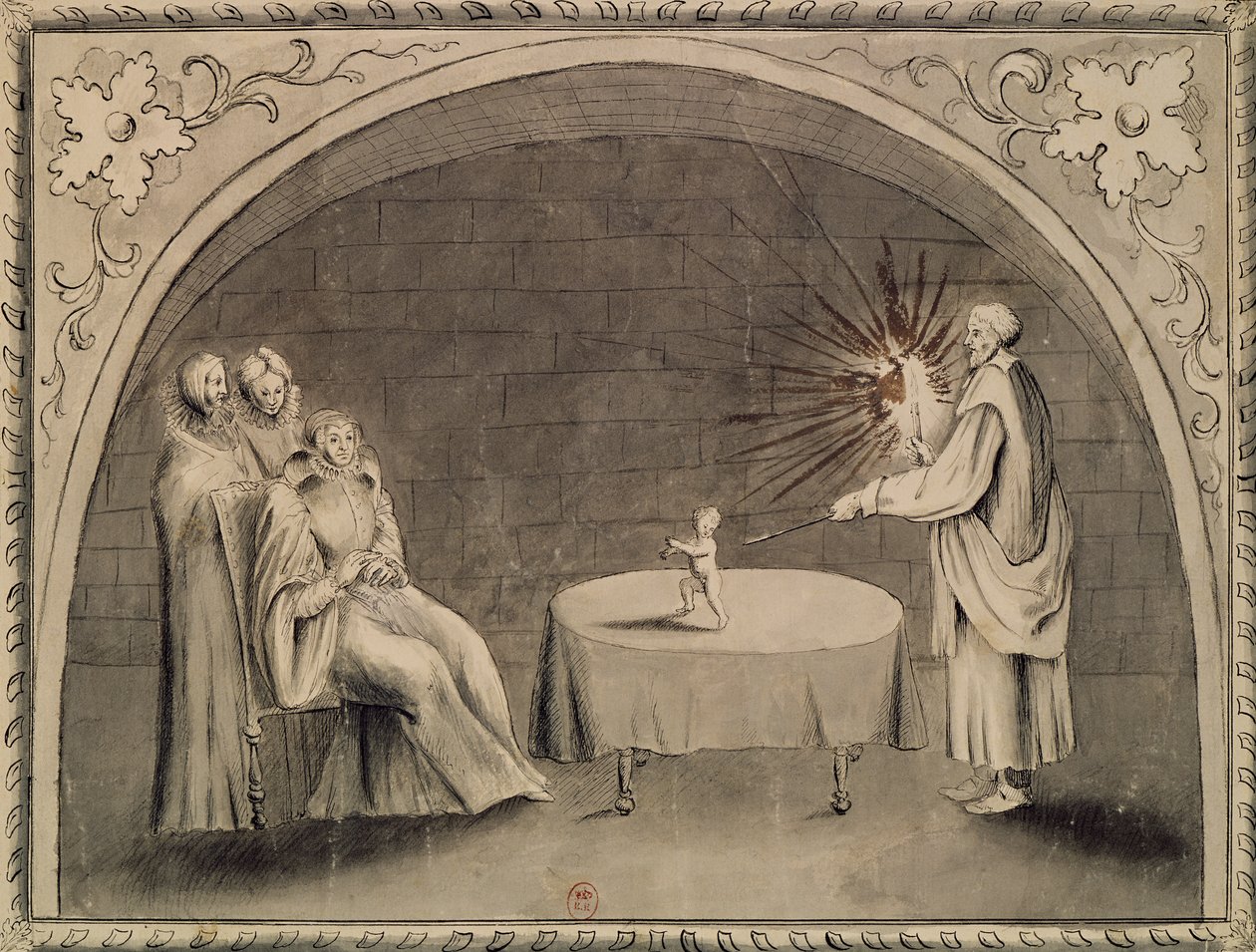 Michel de Nostradame (1503-66) och Catherine de Medici (1519-89) 1559 (penna & bläck och tvätt på papper) av French School
