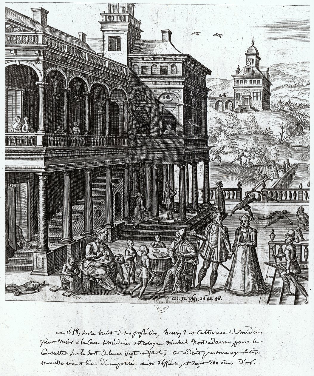 Michel de Nostradame (1503-66) na feutagai i le taunuuga o le fanau e toafitu a Catherine de Medici (1519-89) ma Henri II (1519-59) 1548 swed av French School