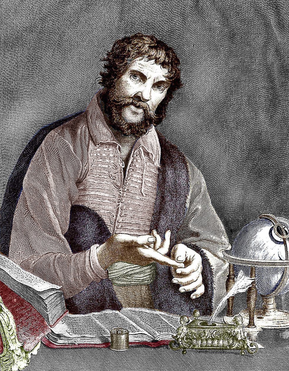 Michel de Nostredame, aka Nostradamus (1503-1566) fransk astrolog och läkare, gravyr, färgat dokument av French School