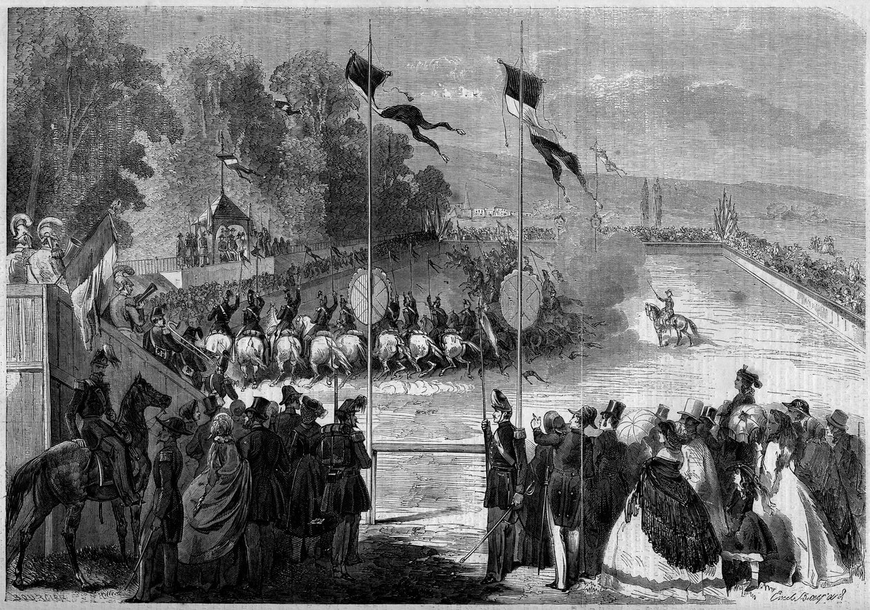 Militär karusell utförd av eleverna i Saint Cyr (Saint-Cyr). Morbihan (56), 31 augusti 1861. Gravyr i "" Le Monde Illustré"" nr 230 av 7 september 1861. av French School
