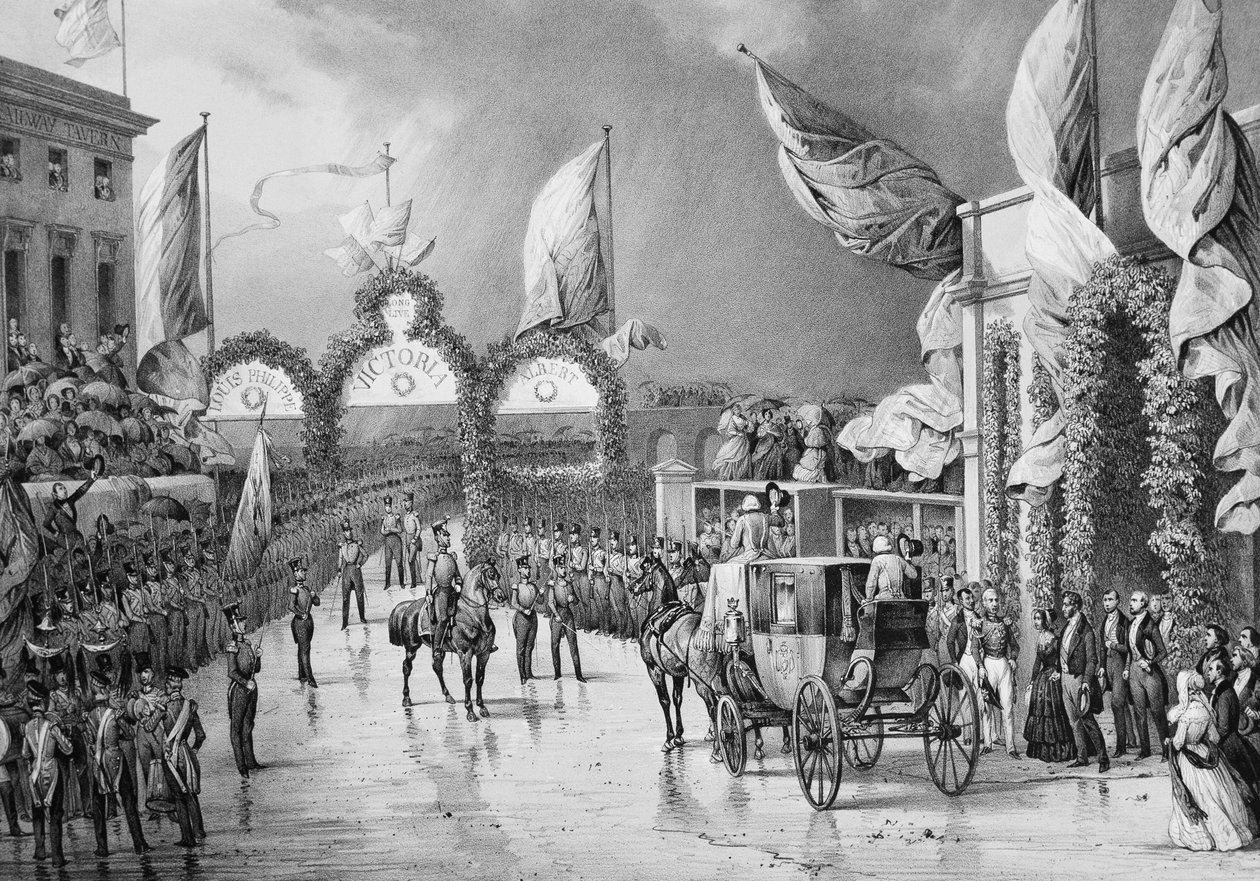 Militär utmärkelse till King a Gosport - Louis Philippe 1st (1773-1850), kung av fransmännen, Prince Albert (1819-1861) och Victoria (1819-1901), drottning av England på Gosport Station under Louis-Philippes officiella resa till Storbritannien (1844) - Lou av French School