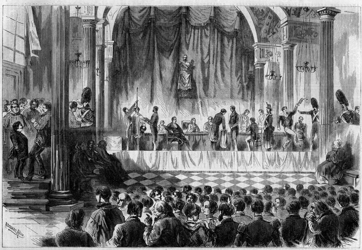 Militär rekrytering: lottning för värnpliktiga 1858, i Saint Jean-rummet på Hotel de Ville i Paris. Gravyr i "" Le Monde Illustré"" nr 44 av 13 februari 1858. av French School