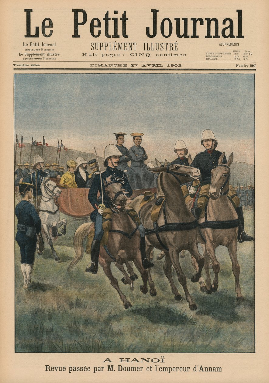 Militär granskning av Paul Doumer, generalguvernör i Franska Indokina och kejsare av Annam, Thanh Thai, i Hanoi, framsidans illustration från Le Petit Journal, Supplement Illustre, 27 april 1902 ( av French School