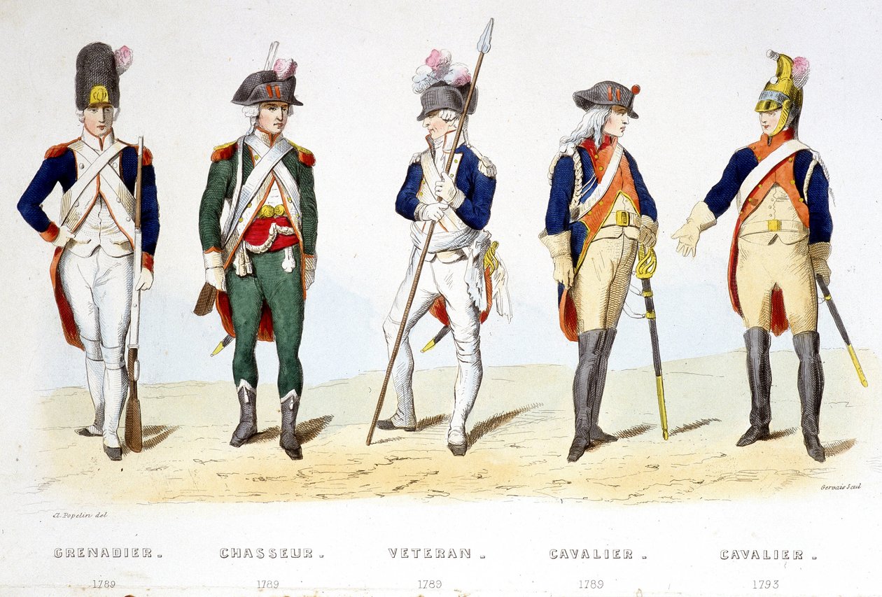 Militäruniform under revolutionen 1789: grenadjär (1789), jägare (1789), veteran (1789), ryttare (1789), ryttare (1793) - i "Fasttes de Gardes nationales de France" av French School