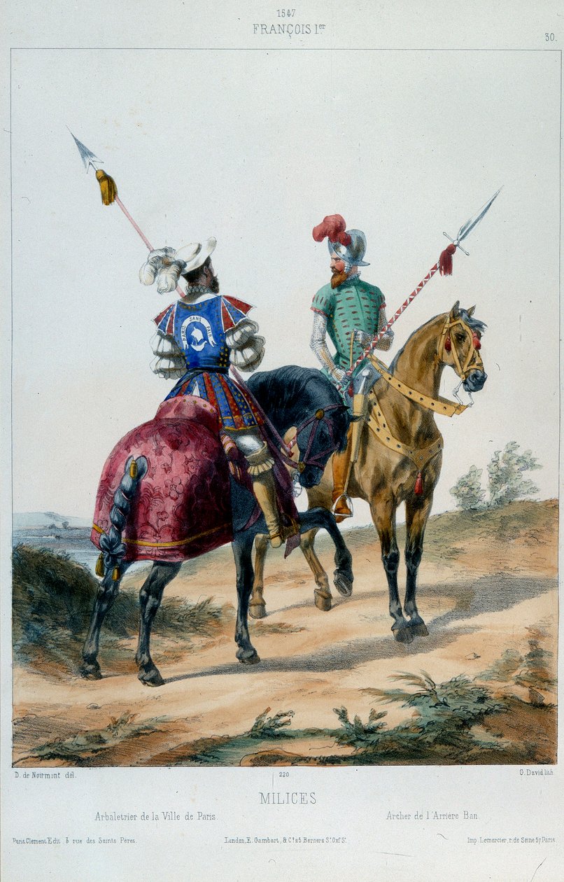 Militära uniformer: milis under Francois I, armborst av staden Paris och bågskytt av det bakre förbudet 1547. Litografi från 1800-talet. av French School