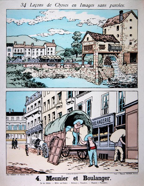 Miller och Baker, illustration från en grundskolebok, ca 1900 (lito i färg) av French School