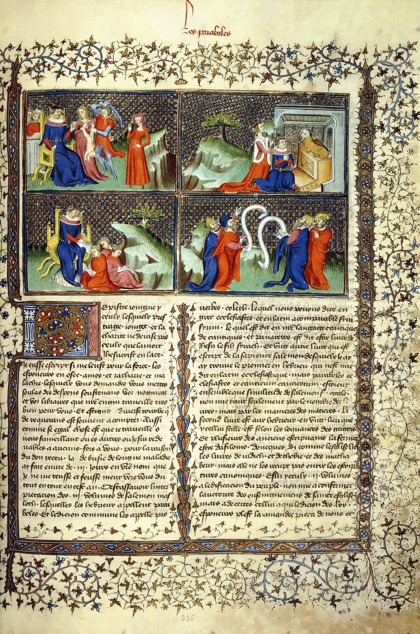 Miniatyr som illustrerar mödrarnas dom, ankomsten av drottningen av Saba, Salomos undervisning och läkarnas disputation, ca 1410 av French School