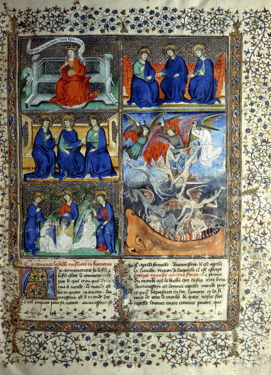 Miniatyr som representerar himmelriket före skapelsen: Sapientia, treenigheten och utdrivningen av Lucifer från himlen, ca 1410 av French School
