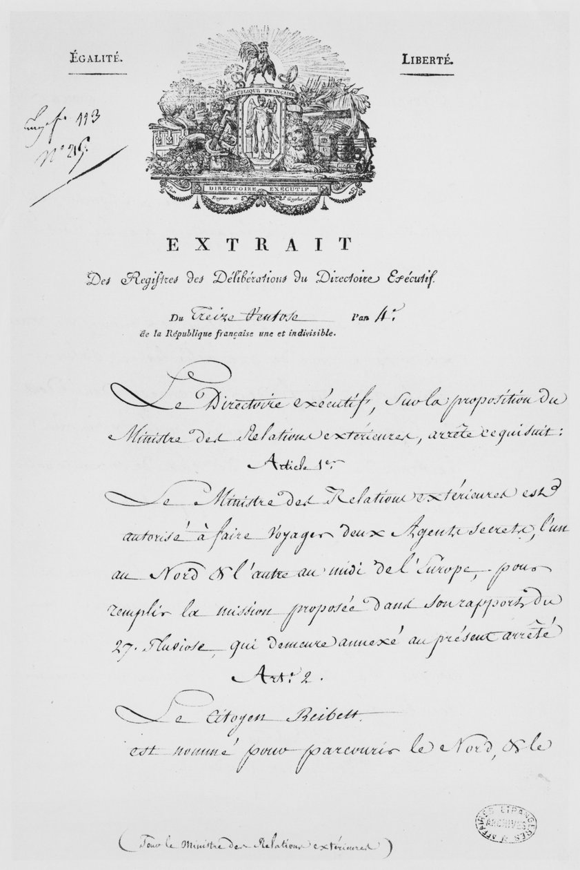 Utrikesdepartementet, nominering av två hemliga agenter, 1796 (bläck på papper) av French School