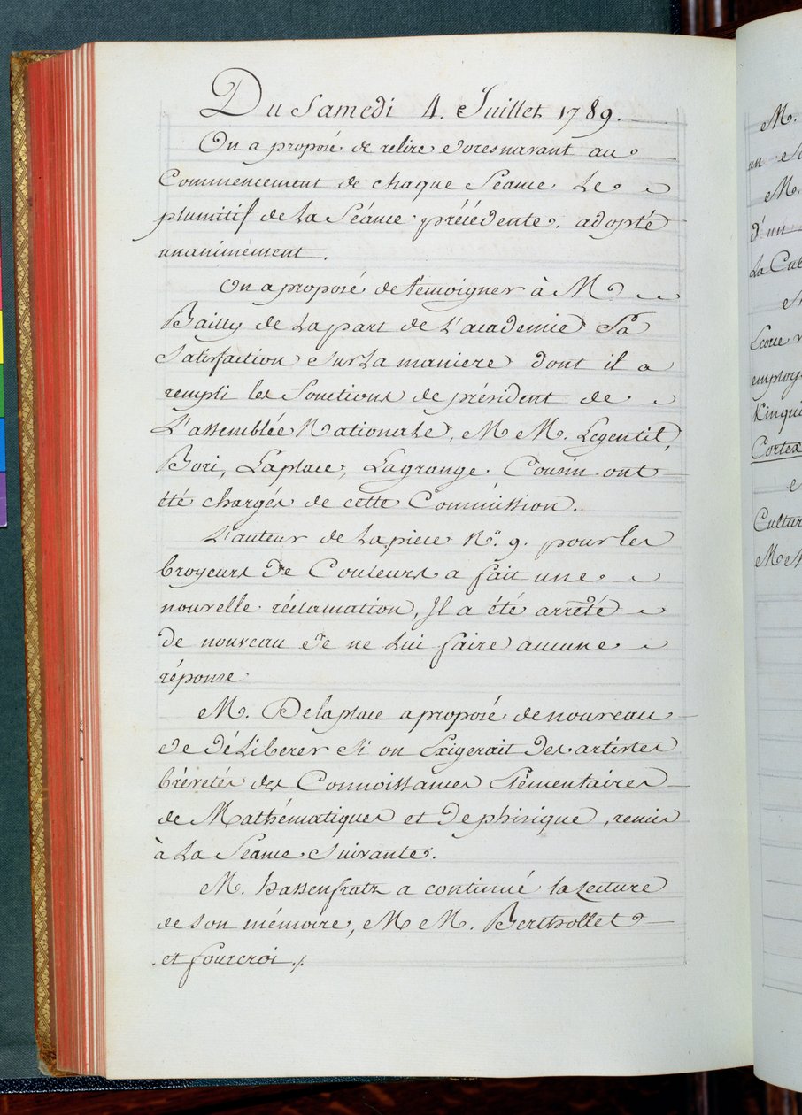 Protokoll från ett möte i Vetenskapsakademien den 4 juli 1789 (bläck på papper) av French School