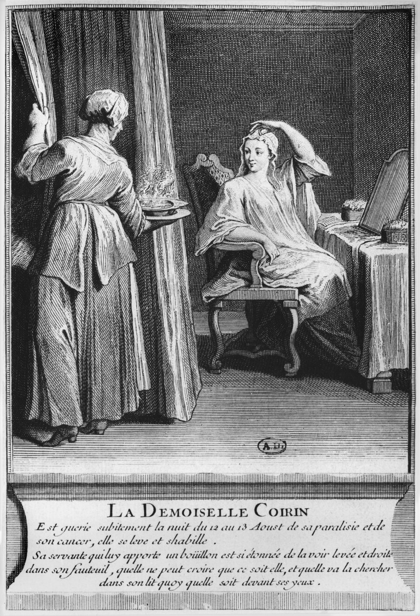 Mirakulöst helande av förlamningen och cancern hos Demoiselle Coirin, på diakon Francois de Pariss grav på församlingskyrkogården Saint-Medard i Paris, illustration från La verite des miracles de M av French School