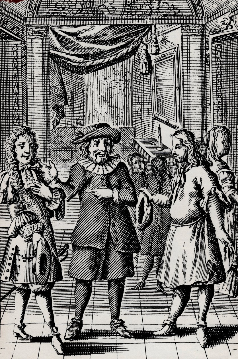 Snål, gravyr från Molieres verk, pseudonym för Jean-Baptiste Poquelin (1622-1673) - Scene de la piece av Moliere L