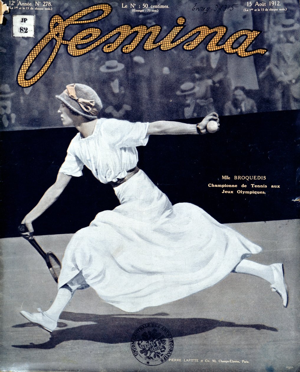 Miss Broquedis, olympisk tennismästare, framsidan av Femina, nummer 278, 15 augusti 1912 (färgat foto) av French School