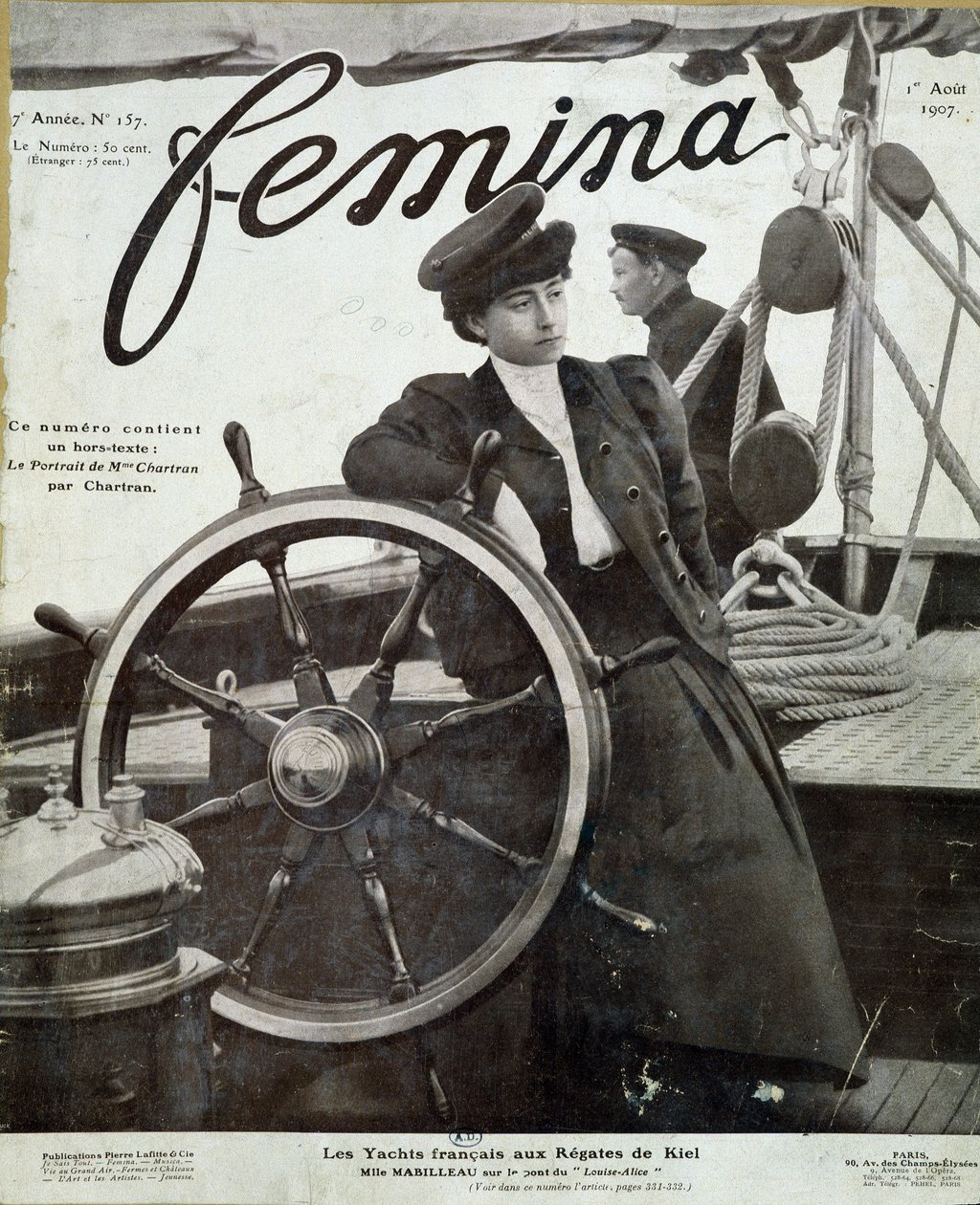 Miss Mabilleau på bryggan av yachten "" Louise-Alice""" vid Kiel-regattan - i "" Femina"" den 01/08/1907 av French School