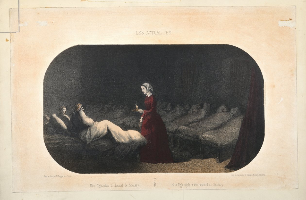 Miss Nightingale på sjukhuset i Scutari, utgiven av Jacomme et Dufat, Paris, 1856 av French School