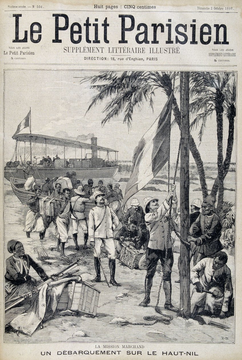 Mission Marchand: landning på övre Nilen - i "Le Petit Parisien"" från 1898-10-02 (gravyr) av French School