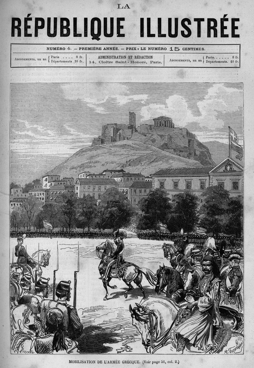 Mobilisering av den grekiska armén på gatorna i Aten. Du kan se Akropolis och Parthenon. En tidning. Gravyr från 1880 i "La republique illustree"" privat samling. av French School