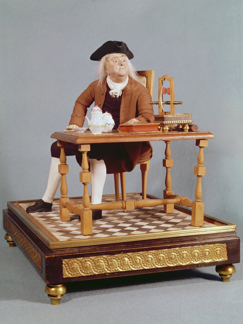 Modell av Benjamin Franklin (1706-90) vid hans bord, sent 1700-tal av French School