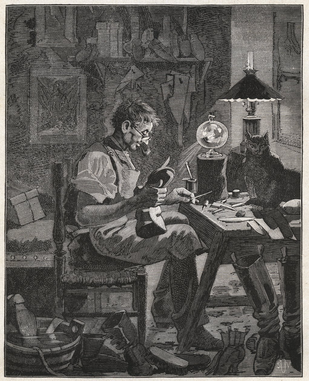 Modern applicering av en skomakare av Pila Vitrea. Glasklot fylld med vatten som ska placeras mellan en person och föremålet de funderar på för att förstora det och göra det mer synligt. Gravyr från 1885 i "" Les arts et metiers illustres"" av A av French School