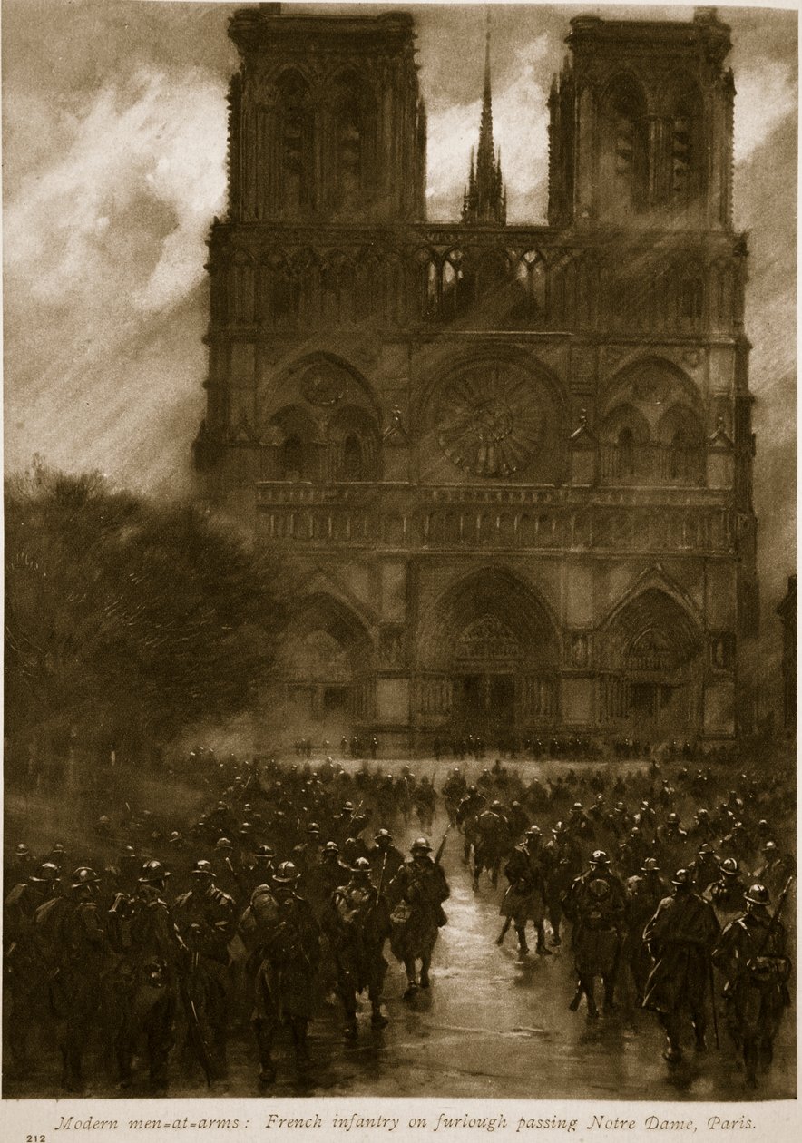Moderna krigsmän: Franskt infanteri på ledighet genom att passera Notre Dame, Paris, 1914-19 av French School