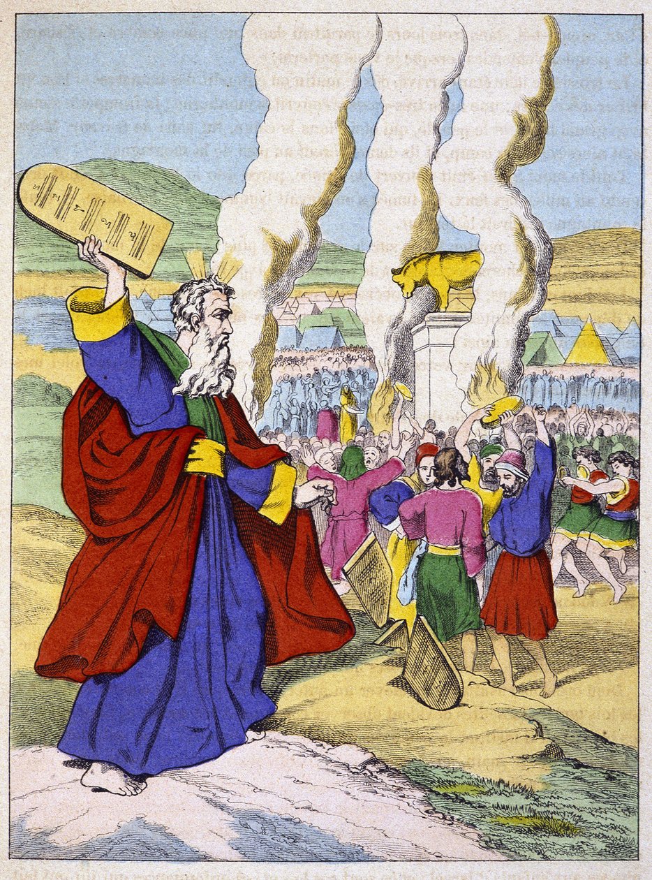 Moise bryter mot lagens tabeller inför guldkalven - i "" Life of Moise"", red. Olivier Pinot, Epinal, sent 1800-tal av French School