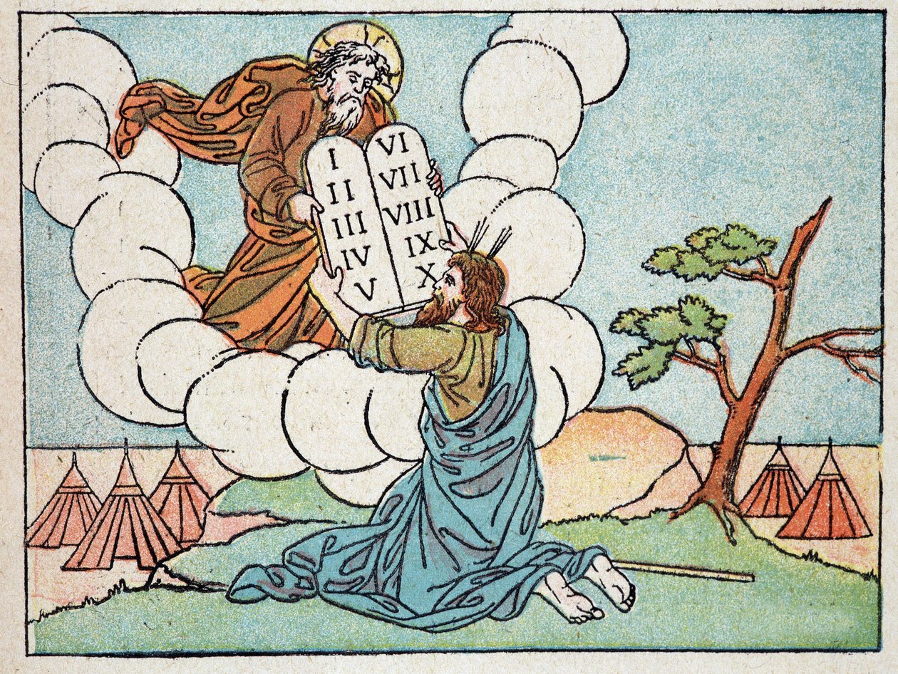 Moses tar emot lagens tabeller - i ""Helig historia i 120 bilder"", red. House of Good Press, Paris av French School