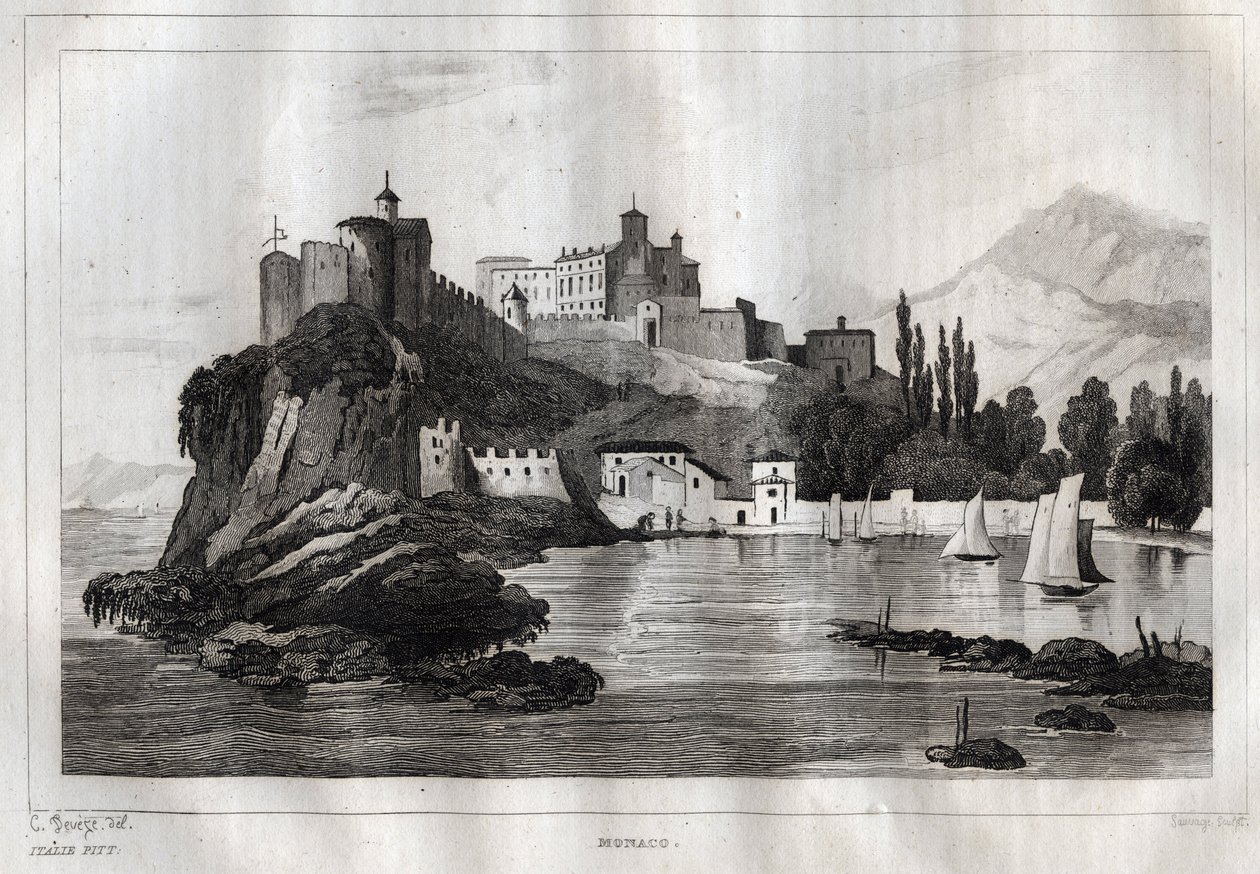 Monaco - Gravyr från "" Italy Picturesque"" - Historisk och beskrivande målning av Italien" av M. de Norvins, Ch. Nodier 1834-1836. av French School