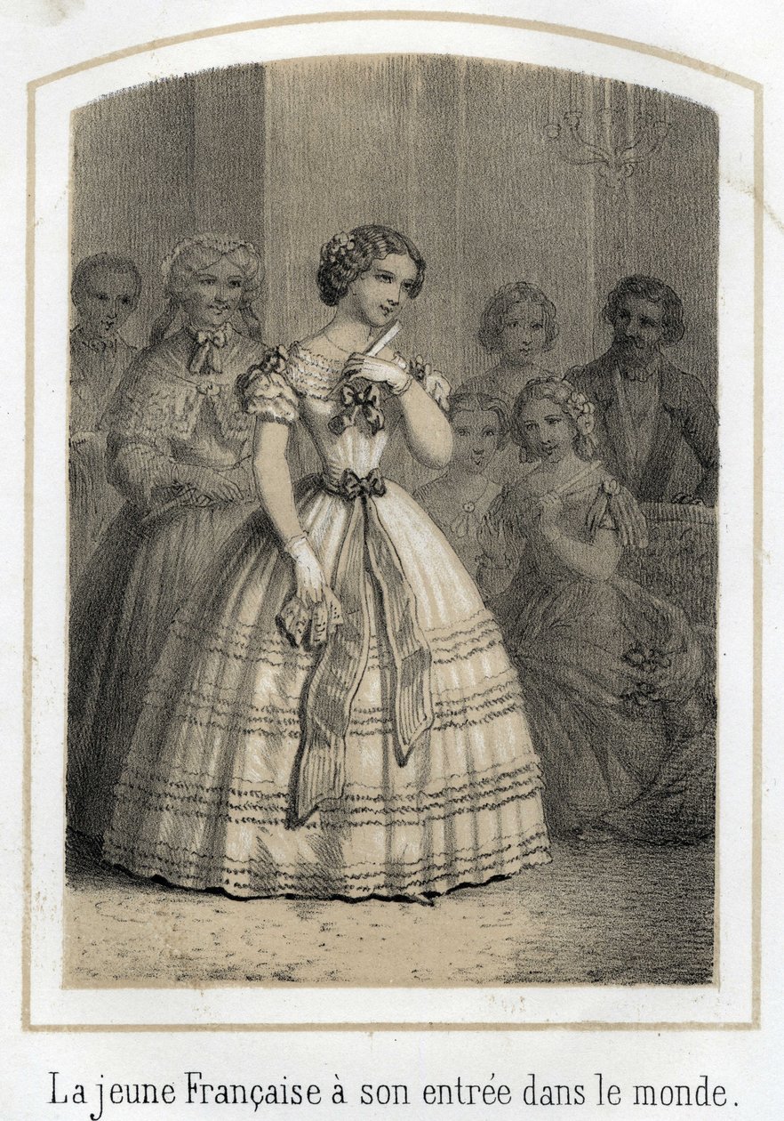 Mondanite: den unga franska kvinnan gör sitt intåg i världen. Hon är beundrad av alla. Anonym gravyr från 1800-talet av French School
