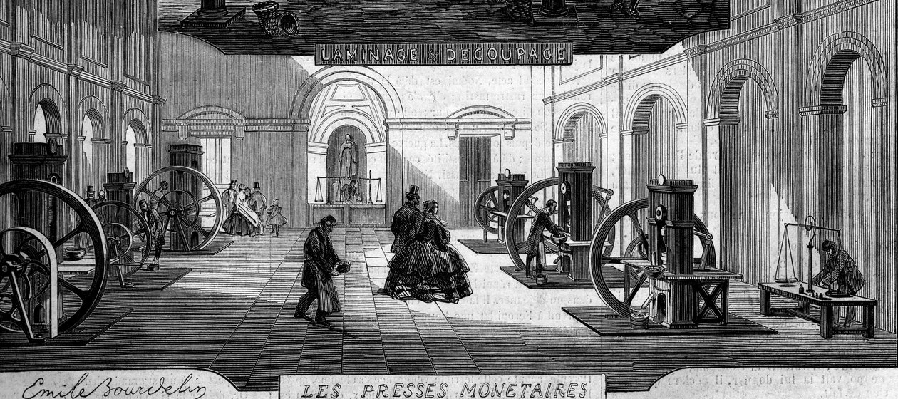 Att tjäna pengar: handla pengarpressar. Gravyr i "" Le Monde Illustré"" nr 145 av 21 januari 1860. av French School