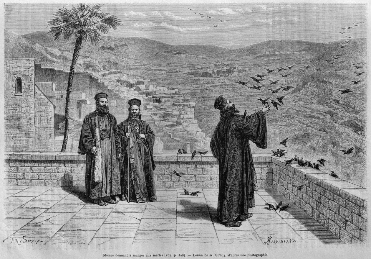 Munkmatar fåglar, klostret Marsaha, från Syrien idag. Reser i Fenicien, Libanon och Judéen. 1875-1880 av Louis Charles Emile Lortet, 1884 (bw gravyr) av French School