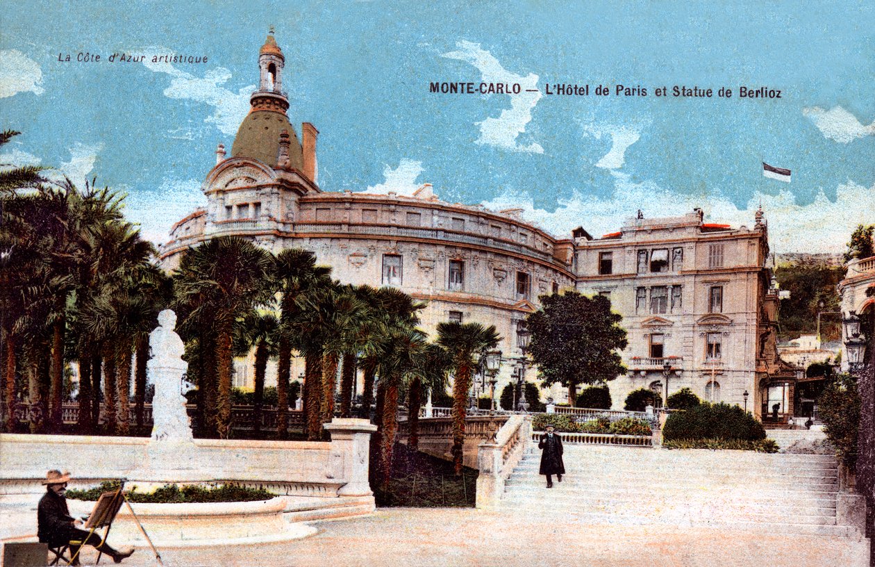 Monte-Carlo, Hotel de Paris och statyn av Berlioz - färglagt vykort från början av 1900-talet av French School