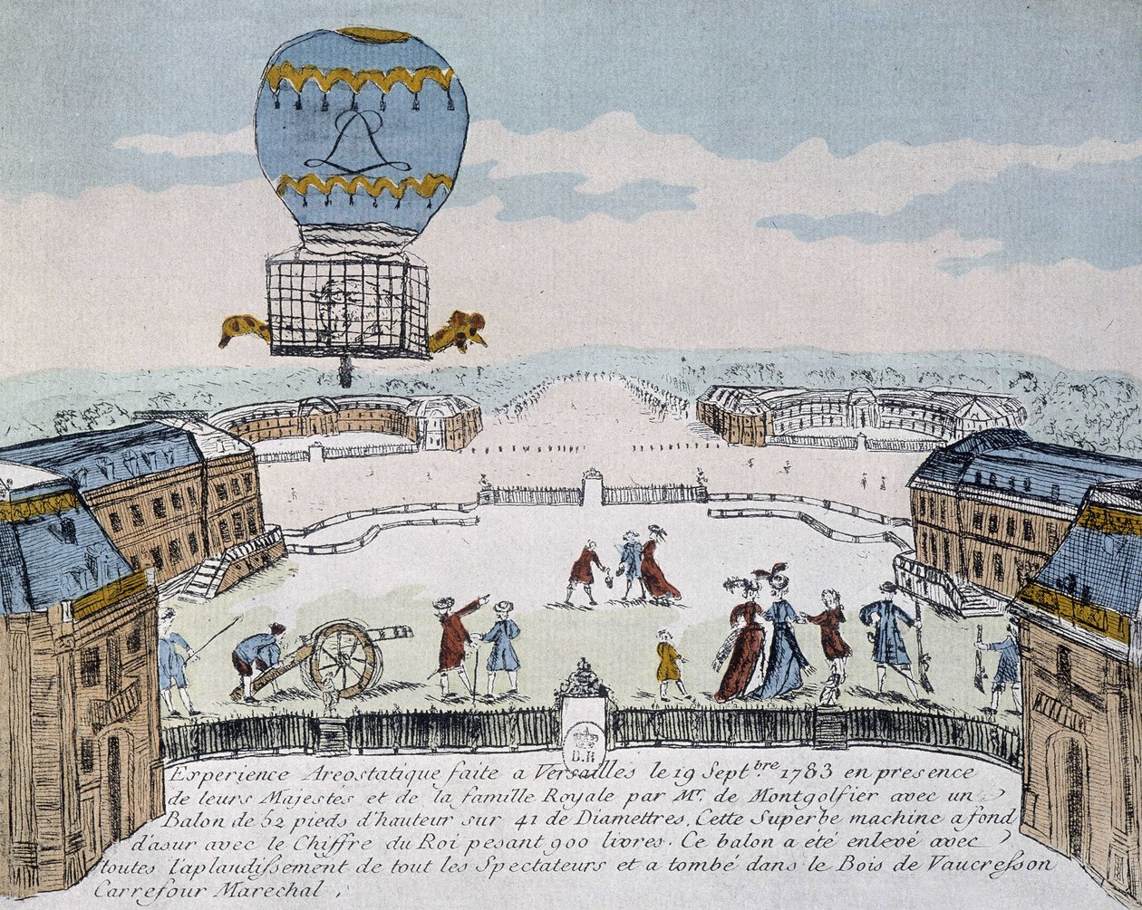 Montgolfiers första flygning av djurbebodd aerostat organiserad i Versailles, 19 september av French School