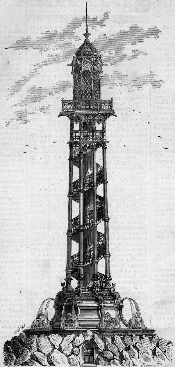 Monumental kolumn av den artesiska brunnen i Passy av den tyske ingenjören Charles Gosshelf Kind. Gravyr i "" Le Monde Illustré"" nr 25 den 3 oktober av French School