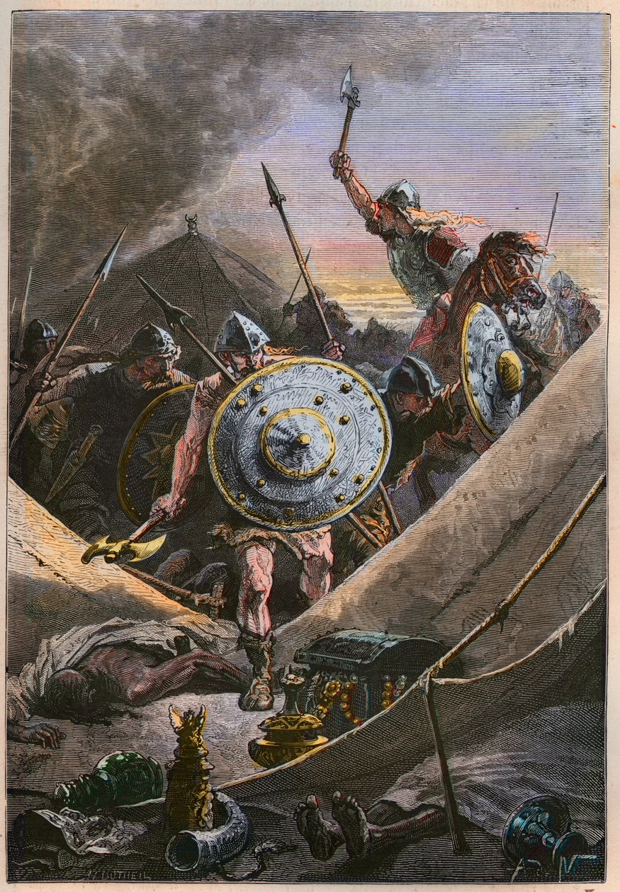 Moriska invasioner under medeltiden: Francerna ledda av Charles Martel attackerar saracensernas militärläger under slaget vid Tours (slaget vid Poitiers), vilket stoppar den muslimska invasionen år 732 - frankerna under Charles Martel attackerar saracenern av French School