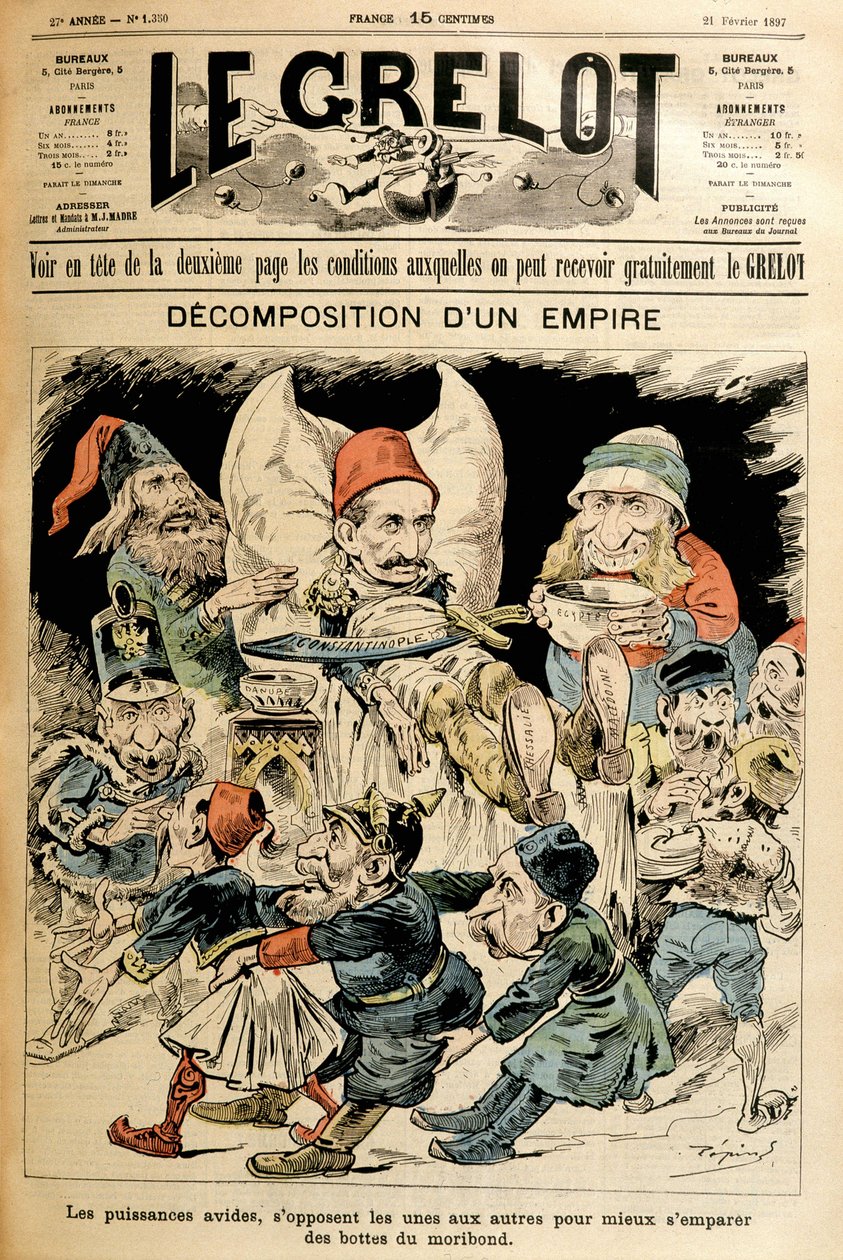 Dödande Turkiet och främmande makter som kämpar för hans stövlar, omslag "" Le Grelot"" 21/2/1897. av French School
