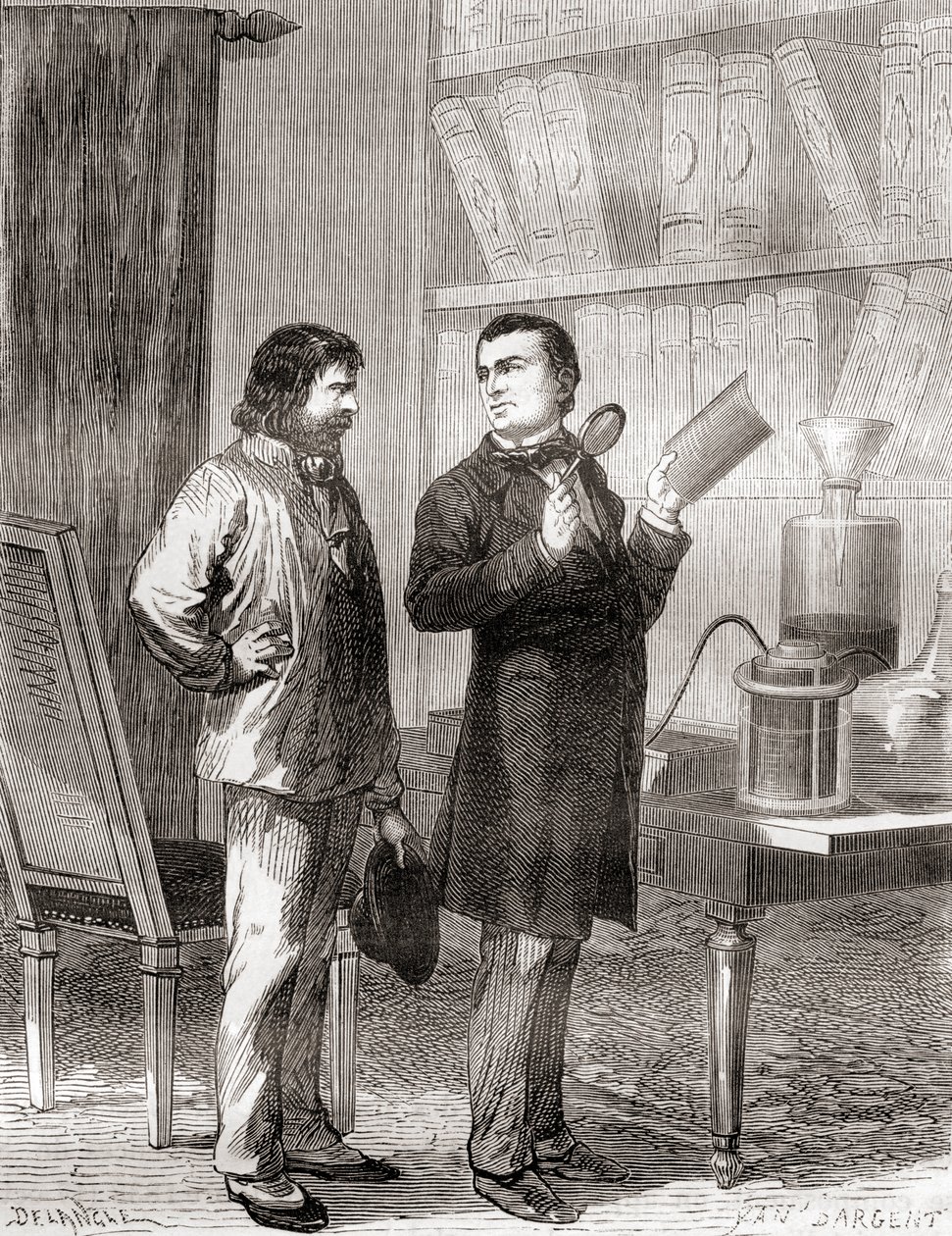 Moritz von Jacobi, till höger, upptäckte galvanoplast, eller elektrotypning 1838, från Les Merveilles de la Science, publicerad ca 1870 (gravyr) av French School