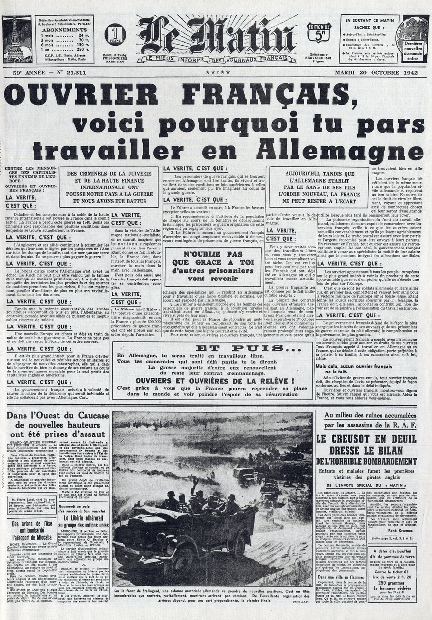Morgontidning nr 21311 av 20 oktober 1942: Sto - Obligatorisk arbetstjänst - Varför gå till jobbet i Tyskland - av French School