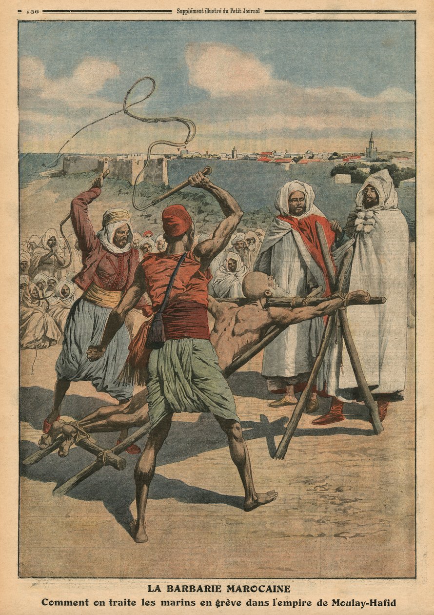 Marockanskt barbari, hur de strejkade sjömännen behandlas, illustration från 