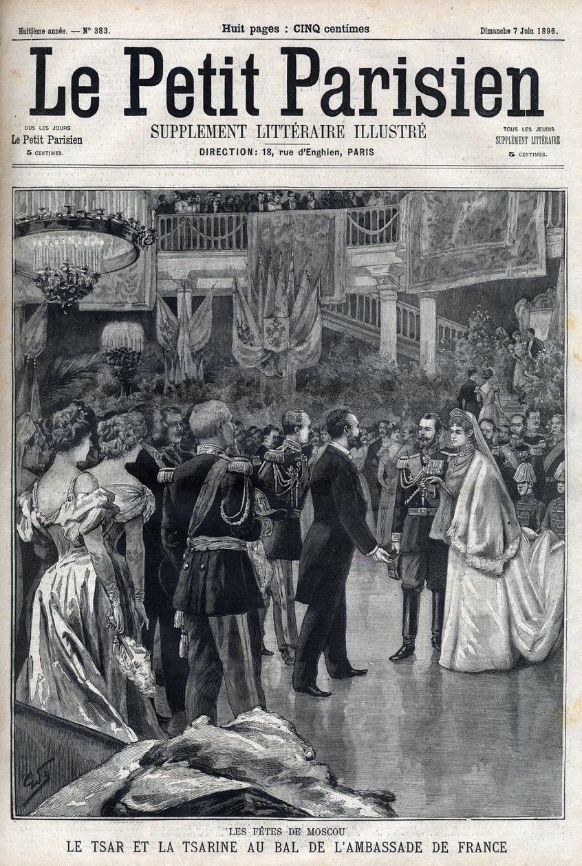 Moskva-firande: Tsar Nikolaj II av Ryssland (1868 -1918) och tsarina Alexandra Fiodorovna Romanova (1872-1918) vid Franska ambassadens bal, i "Le petit Parisien"" av French School