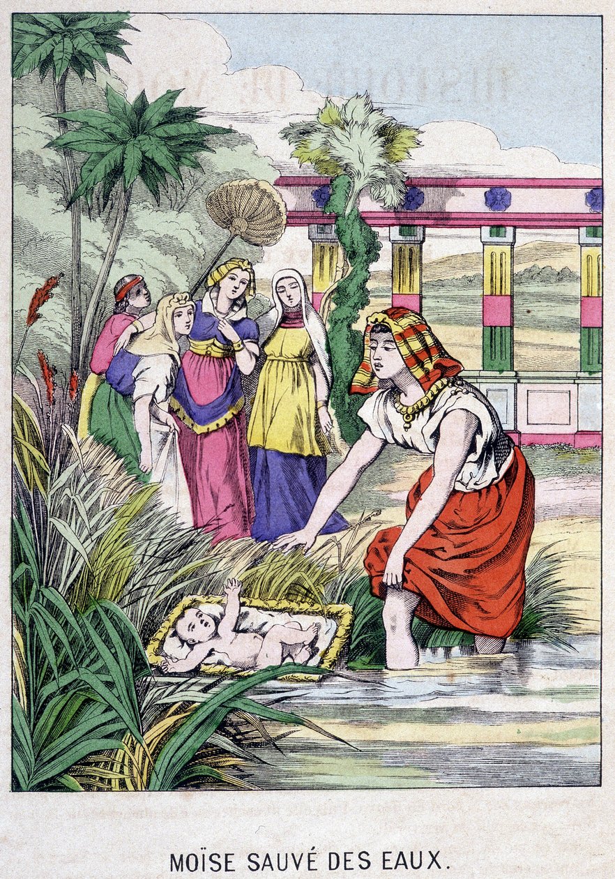 Moses räddad från vattnet - i "Life of Moses", red. Olivier Pinot, Epinal, sent 1800-tal av French School