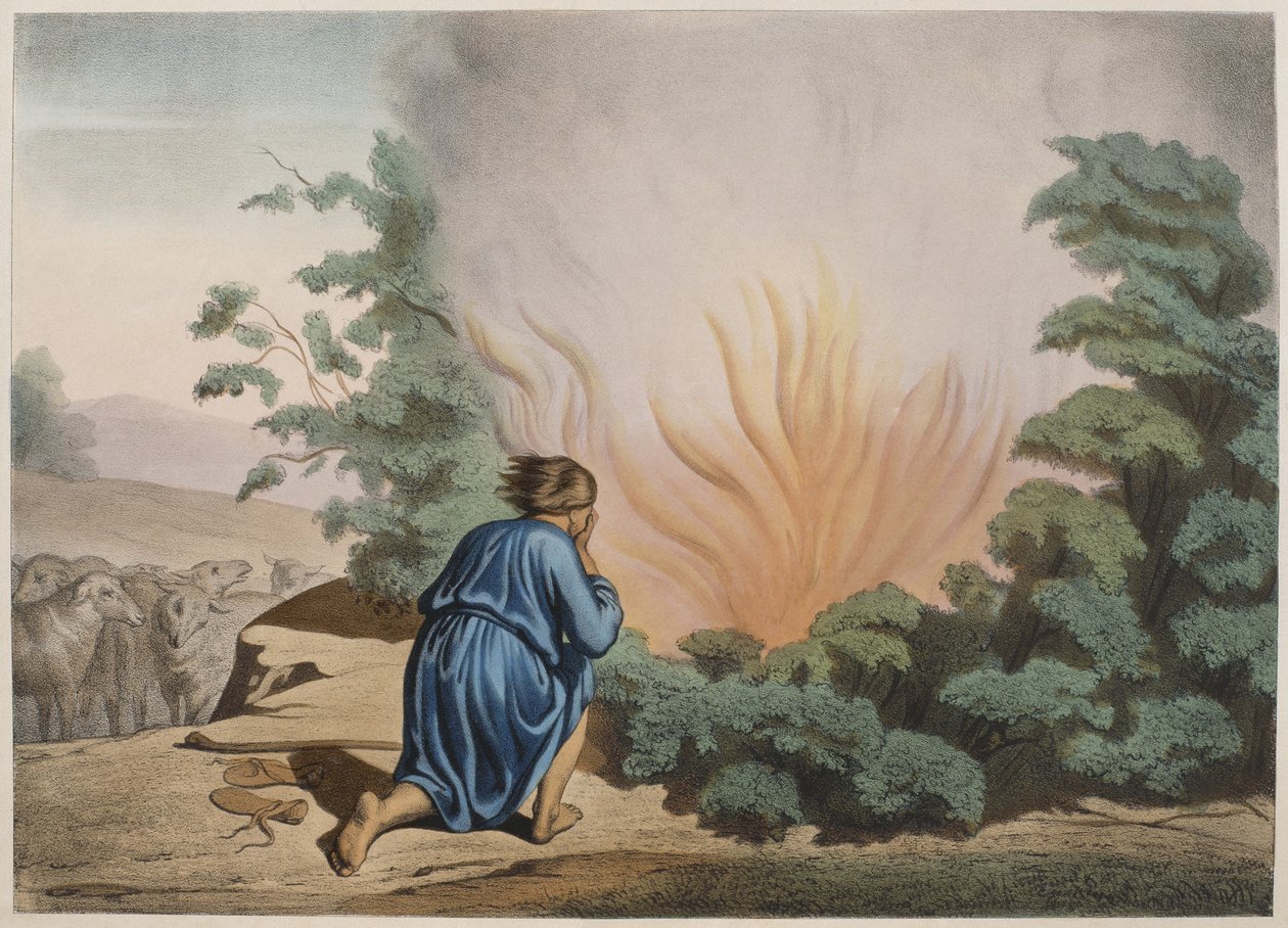 Moses and the Burning Bush, illustration från en katekes LHistoire Sainte, publicerad av Charles Delagrave, Paris, sent 1800-tal av French School